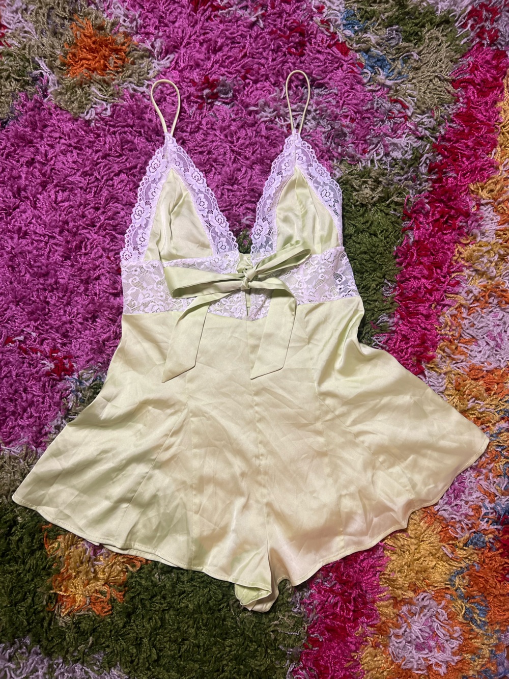 Urban Outfitters Pale Green Satin Lace-Trim Romper